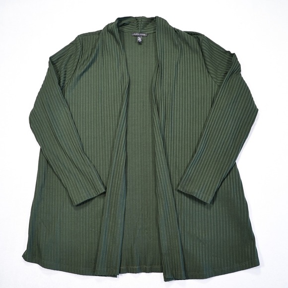 EILEEN FISHER Women's Size L Green Ribbed Knit Open Front Cardigan Sweater USA - Picture 2 of 7